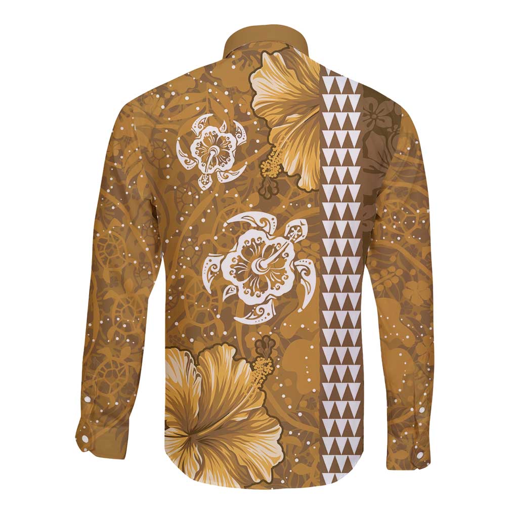 Gold Hibiscus Turle Long Sleeve Button Shirt Hawaiian Style Tribal Tapa Pattern LT9 - Polynesian Pride