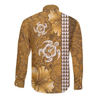 Gold Hibiscus Turle Long Sleeve Button Shirt Hawaiian Style Tribal Tapa Pattern LT9 - Polynesian Pride