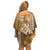 Gold Hibiscus Turle Off Shoulder Short Dress Hawaiian Style Tribal Tapa Pattern