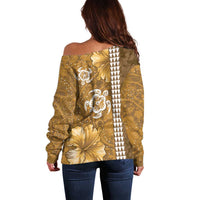 Gold Hibiscus Turle Off Shoulder Sweater Hawaiian Style Tribal Tapa Pattern