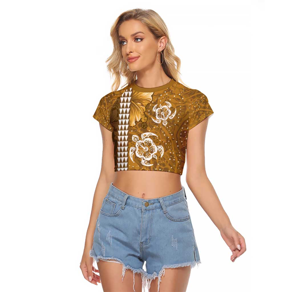 Gold Hibiscus Turle Raglan Cropped T Shirt Hawaiian Style Tribal Tapa Pattern