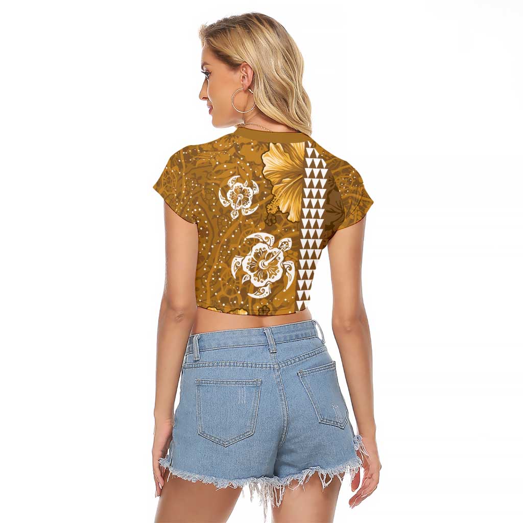 Gold Hibiscus Turle Raglan Cropped T Shirt Hawaiian Style Tribal Tapa Pattern