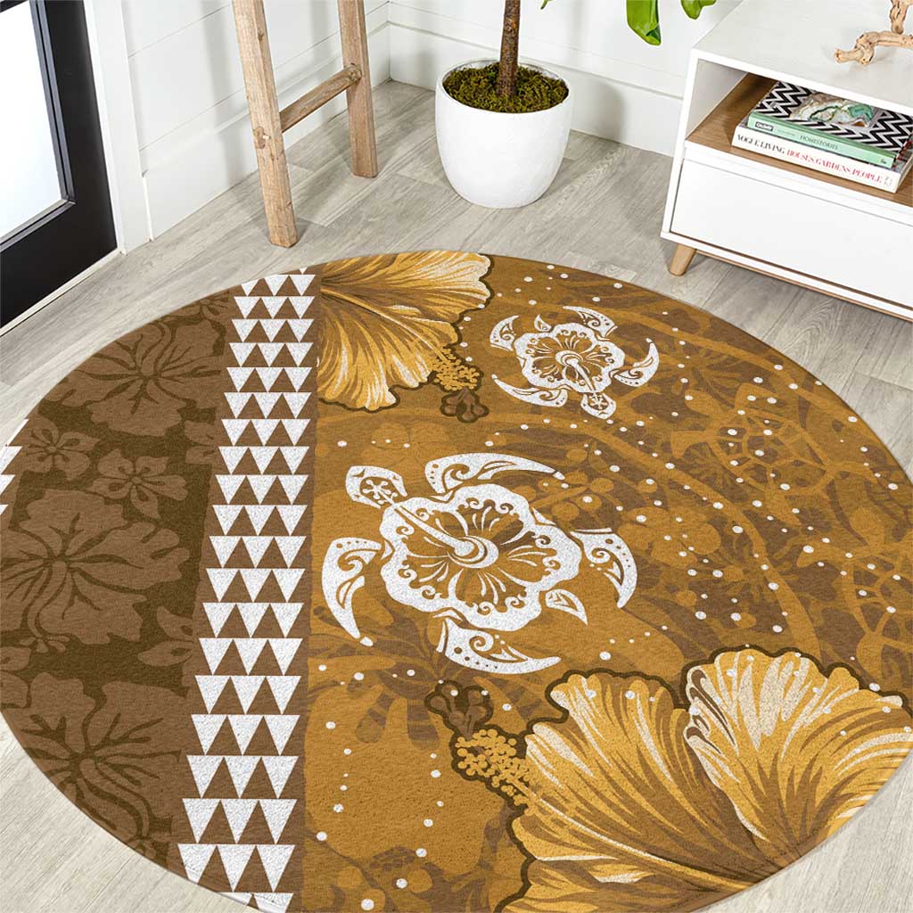 Gold Hibiscus Turle Round Carpet Hawaiian Style Tribal Tapa Pattern