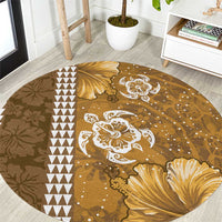 Gold Hibiscus Turle Round Carpet Hawaiian Style Tribal Tapa Pattern