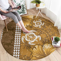 Gold Hibiscus Turle Round Carpet Hawaiian Style Tribal Tapa Pattern