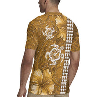 Gold Hibiscus Turle Rugby Jersey Hawaiian Style Tribal Tapa Pattern