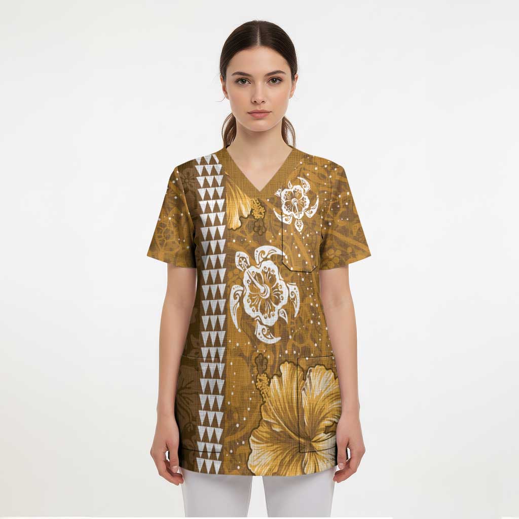 Gold Hibiscus Turle Scrub Top Hawaiian Style Tribal Tapa Pattern - Polynesian Pride