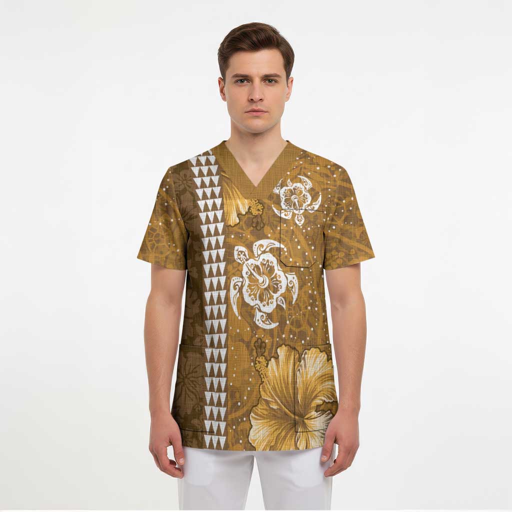Gold Hibiscus Turle Scrub Top Hawaiian Style Tribal Tapa Pattern - Polynesian Pride