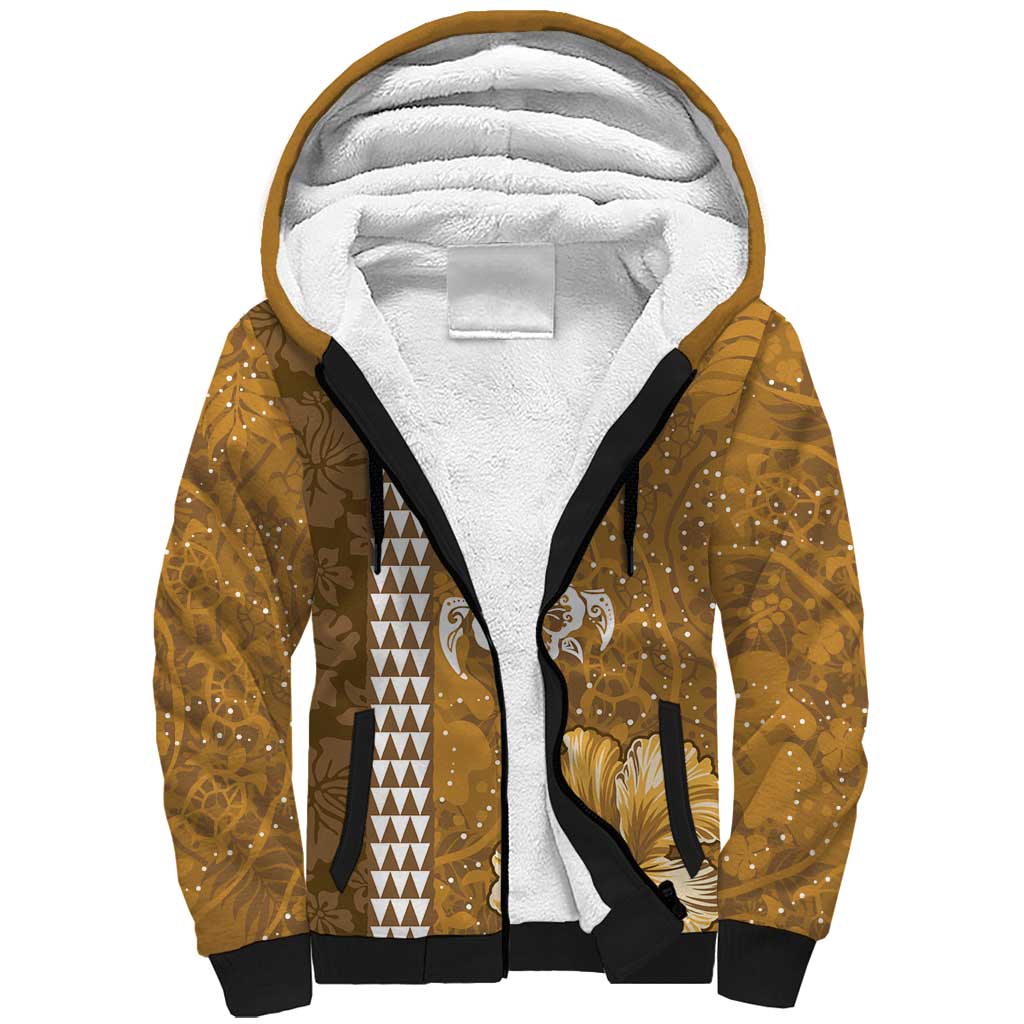 Gold Hibiscus Turle Sherpa Hoodie Hawaiian Style Tribal Tapa Pattern LT9 Unisex Gold - Polynesian Pride