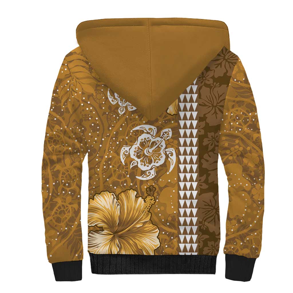 Gold Hibiscus Turle Sherpa Hoodie Hawaiian Style Tribal Tapa Pattern LT9 - Polynesian Pride