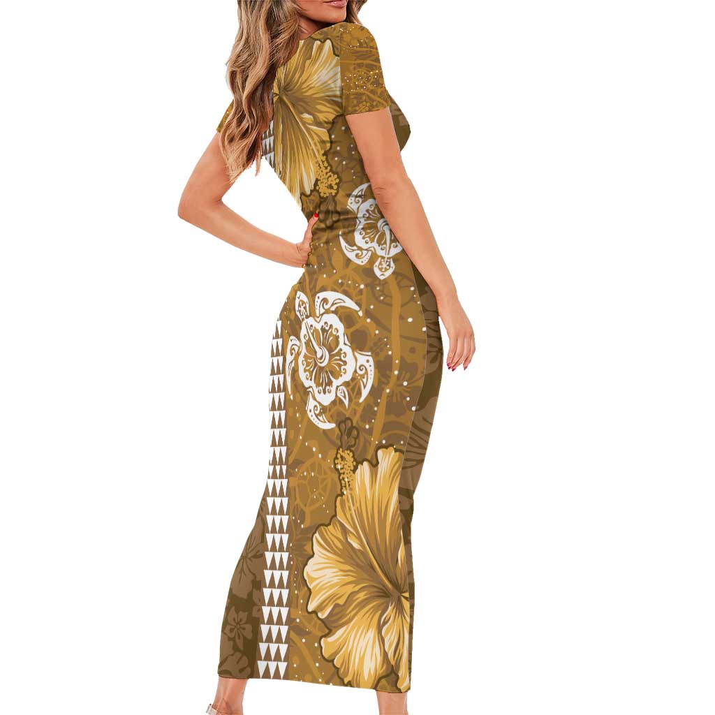 Gold Hibiscus Turle Short Sleeve Bodycon Dress Hawaiian Style Tribal Tapa Pattern