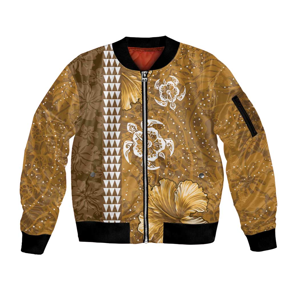Gold Hibiscus Turle Sleeve Zip Bomber Jacket Hawaiian Style Tribal Tapa Pattern