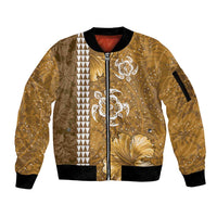 Gold Hibiscus Turle Sleeve Zip Bomber Jacket Hawaiian Style Tribal Tapa Pattern