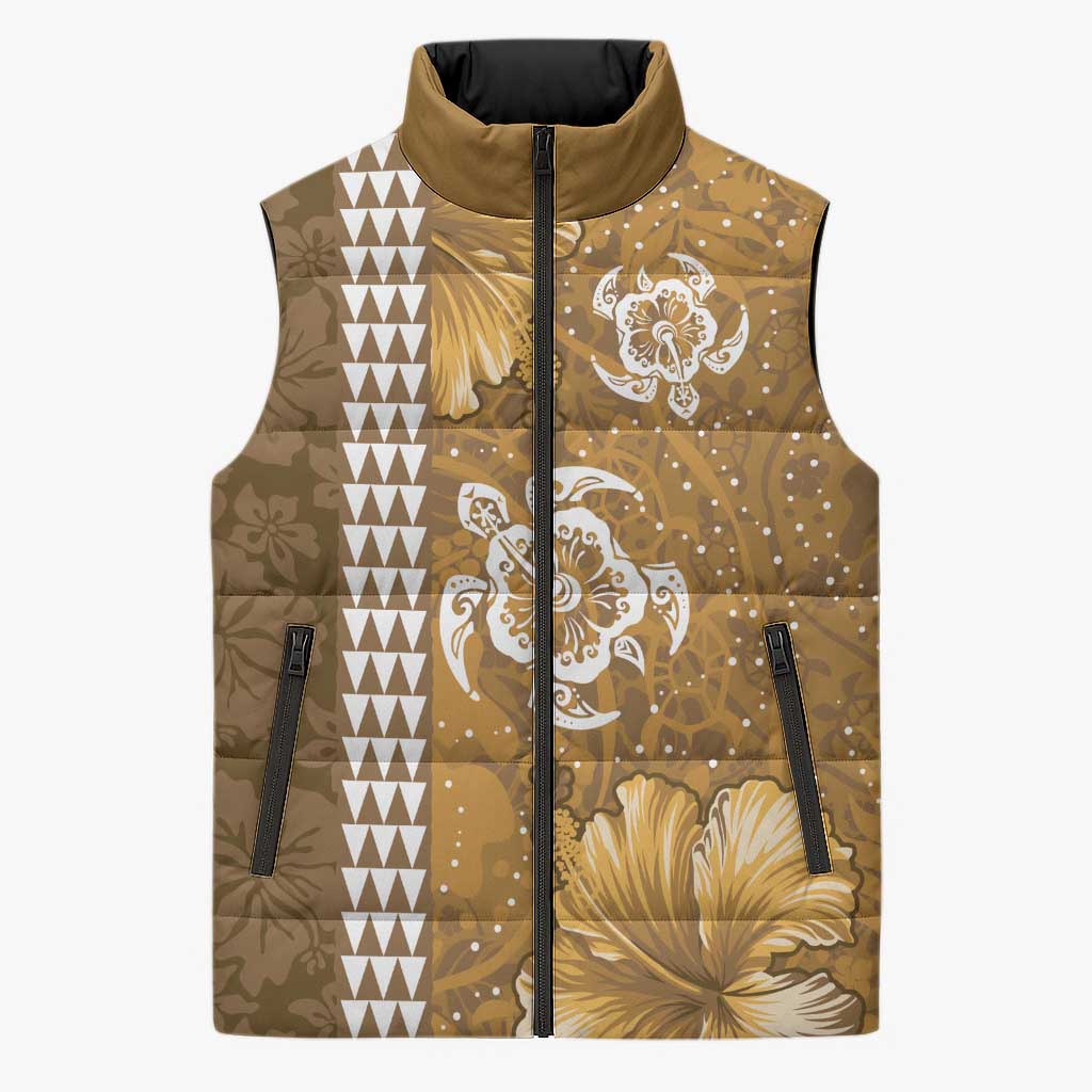 Gold Hibiscus Turle Sleeveless Puffer Jacket Hawaiian Style Tribal Tapa Pattern - Polynesian Pride