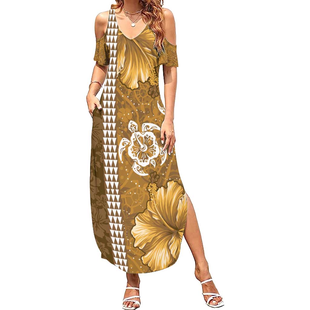 Gold Hibiscus Turle Summer Maxi Dress Hawaiian Style Tribal Tapa Pattern