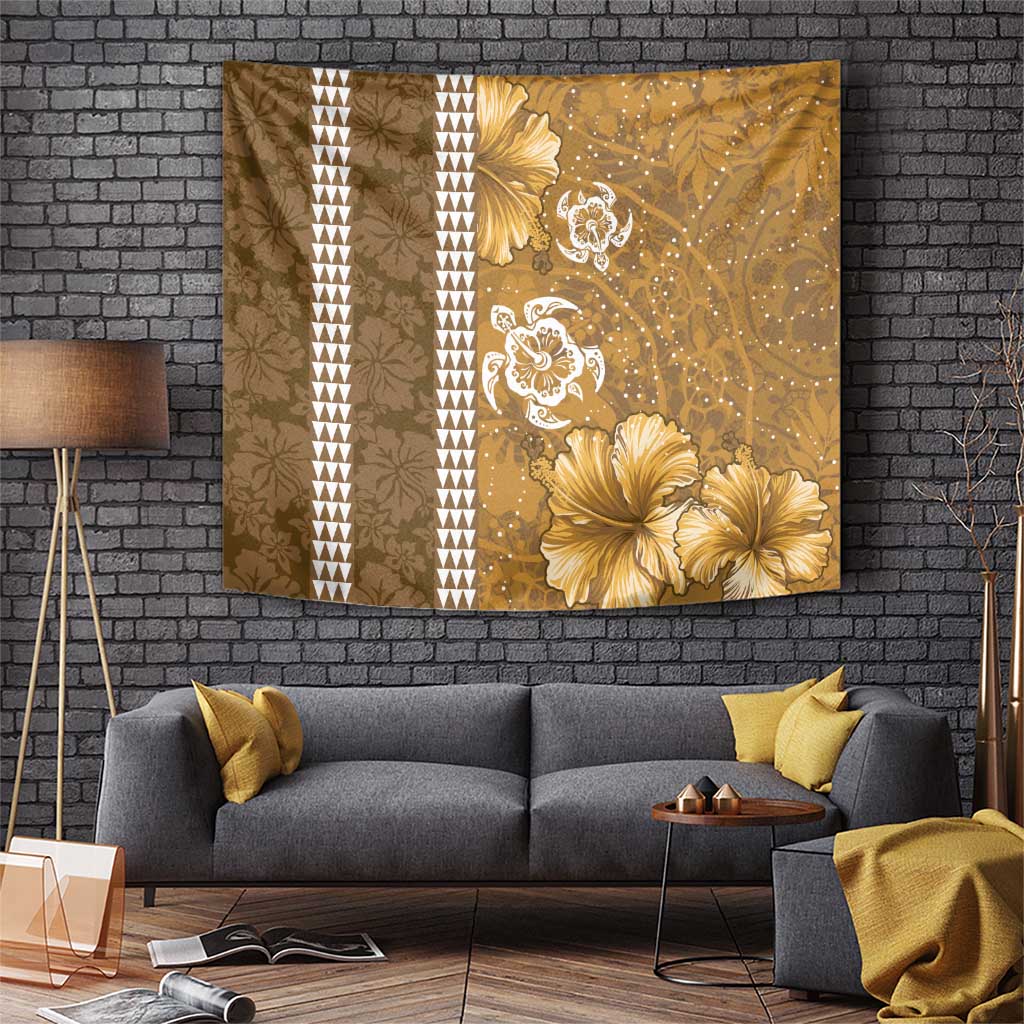 Gold Hibiscus Turle Tapestry Hawaiian Style Tribal Tapa Pattern