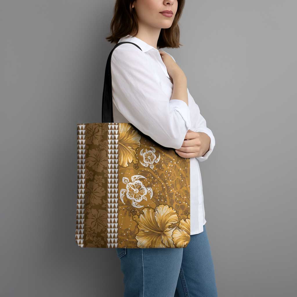 Gold Hibiscus Turle Tote Bag Hawaiian Style Tribal Tapa Pattern - Polynesian Pride