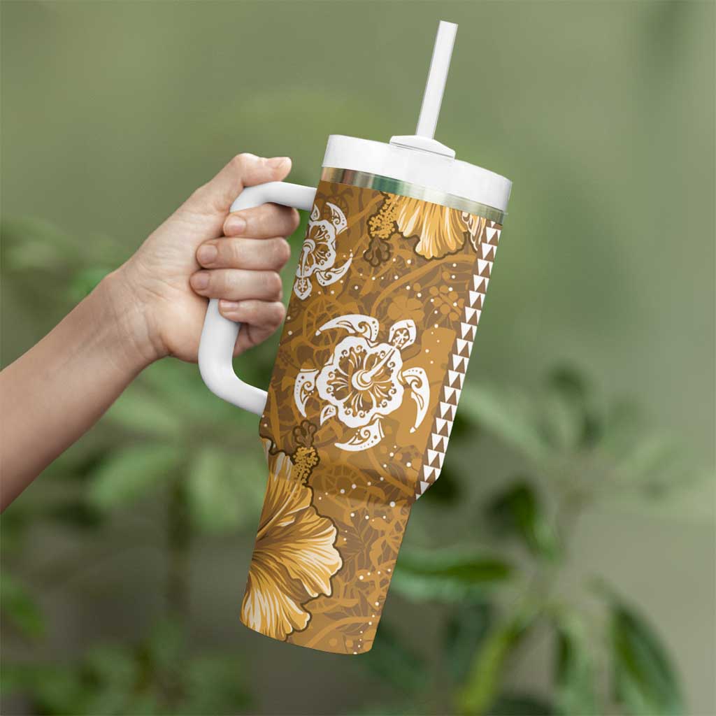 Gold Hibiscus Turle Tumbler With Handle Hawaiian Style Tribal Tapa Pattern