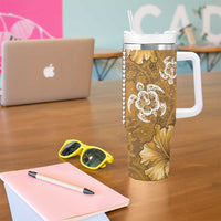 Gold Hibiscus Turle Tumbler With Handle Hawaiian Style Tribal Tapa Pattern