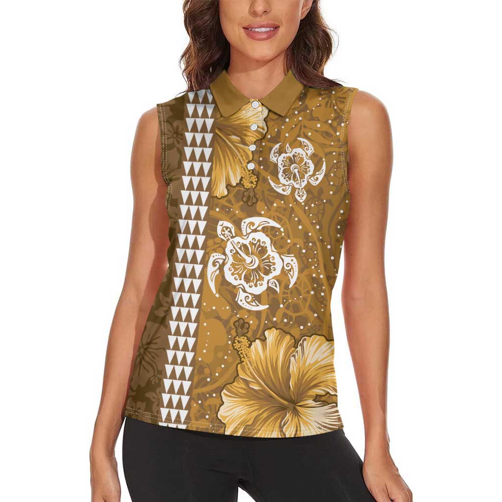 Gold Hibiscus Turle Women Sleeveless Polo Shirt Hawaiian Style Tribal Tapa Pattern