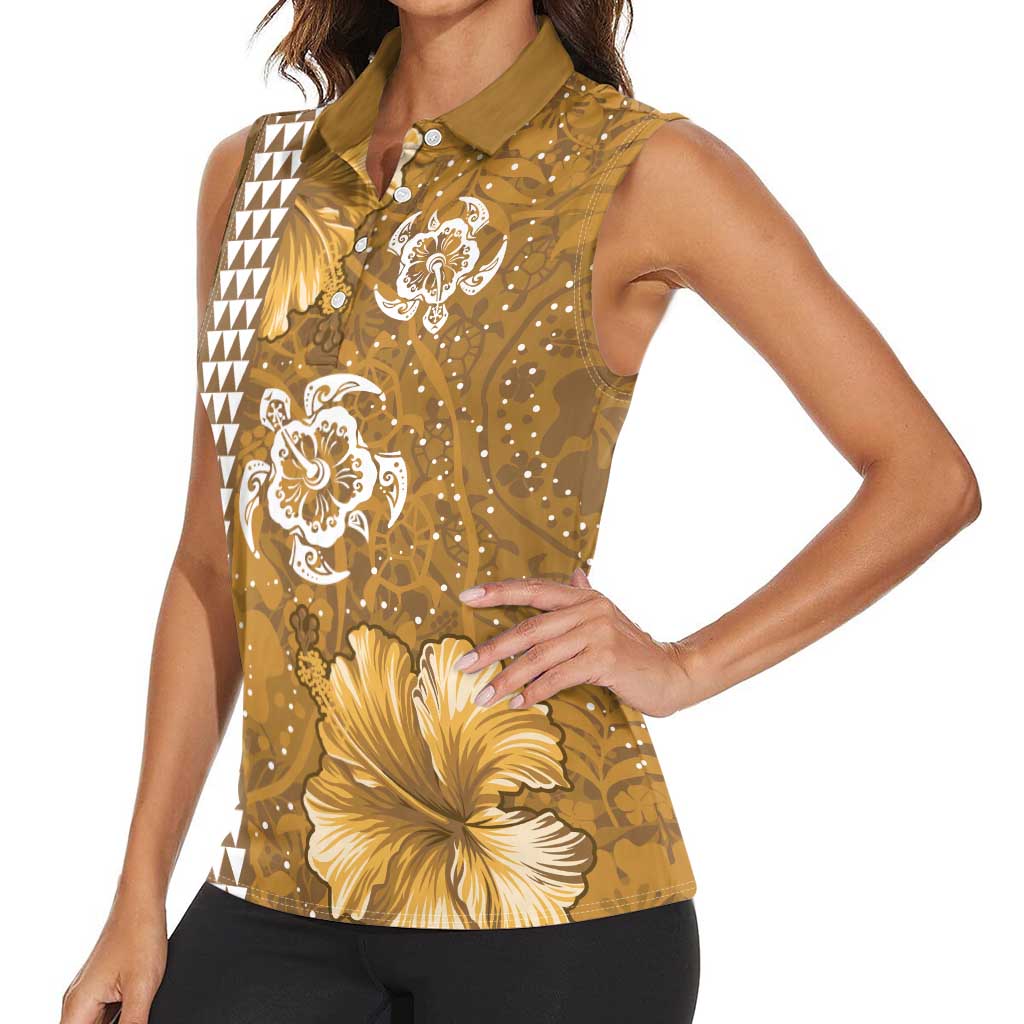Gold Hibiscus Turle Women Sleeveless Polo Shirt Hawaiian Style Tribal Tapa Pattern