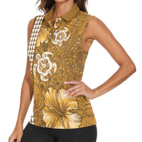 Gold Hibiscus Turle Women Sleeveless Polo Shirt Hawaiian Style Tribal Tapa Pattern