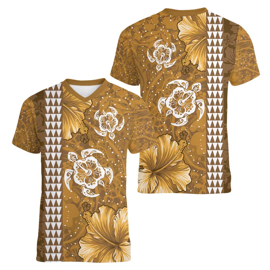 Gold Hibiscus Turle Women V-Neck T-Shirt Hawaiian Style Tribal Tapa Pattern