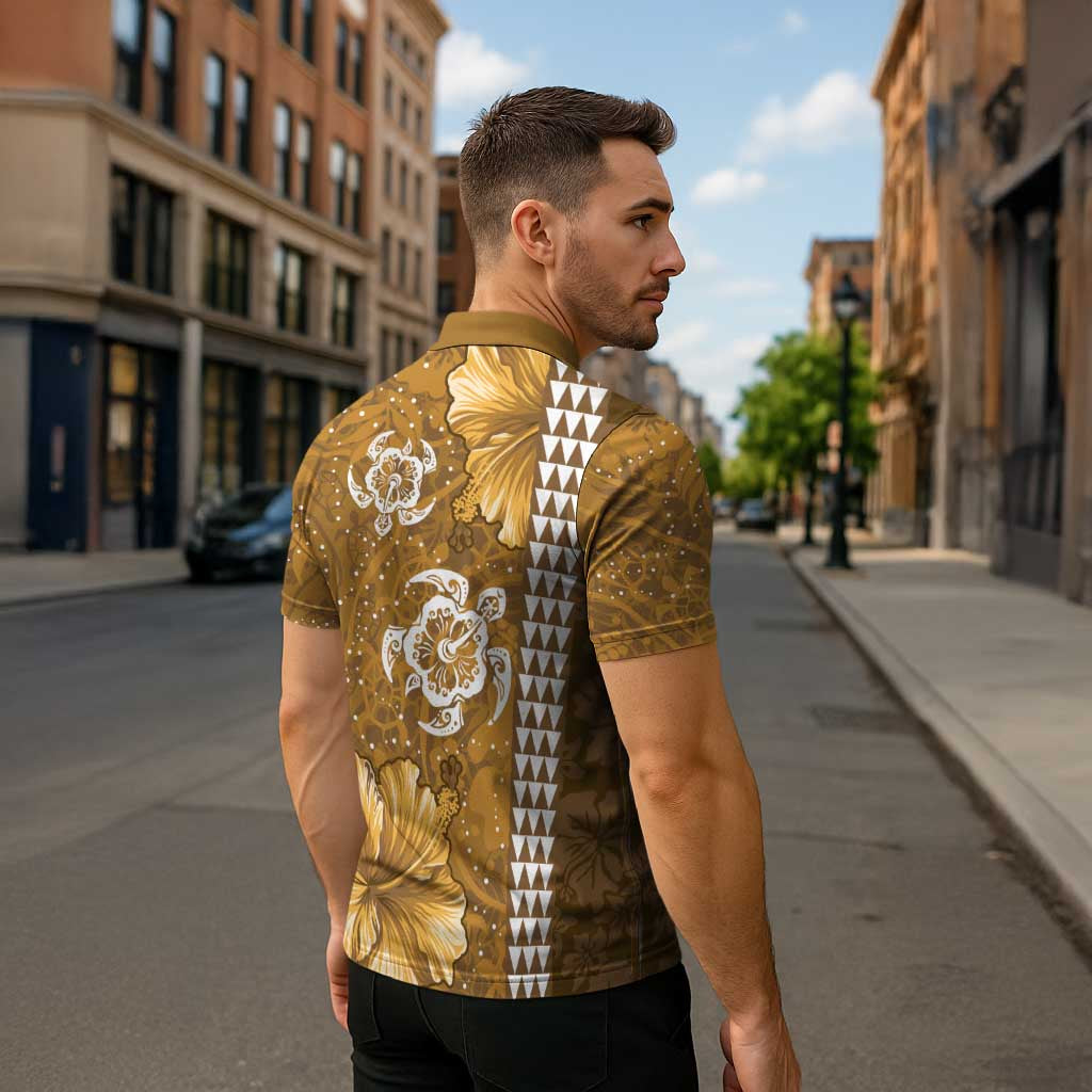 Gold Hibiscus Turle Zipper Polo Shirt Hawaiian Style Tribal Tapa Pattern - Polynesian Pride