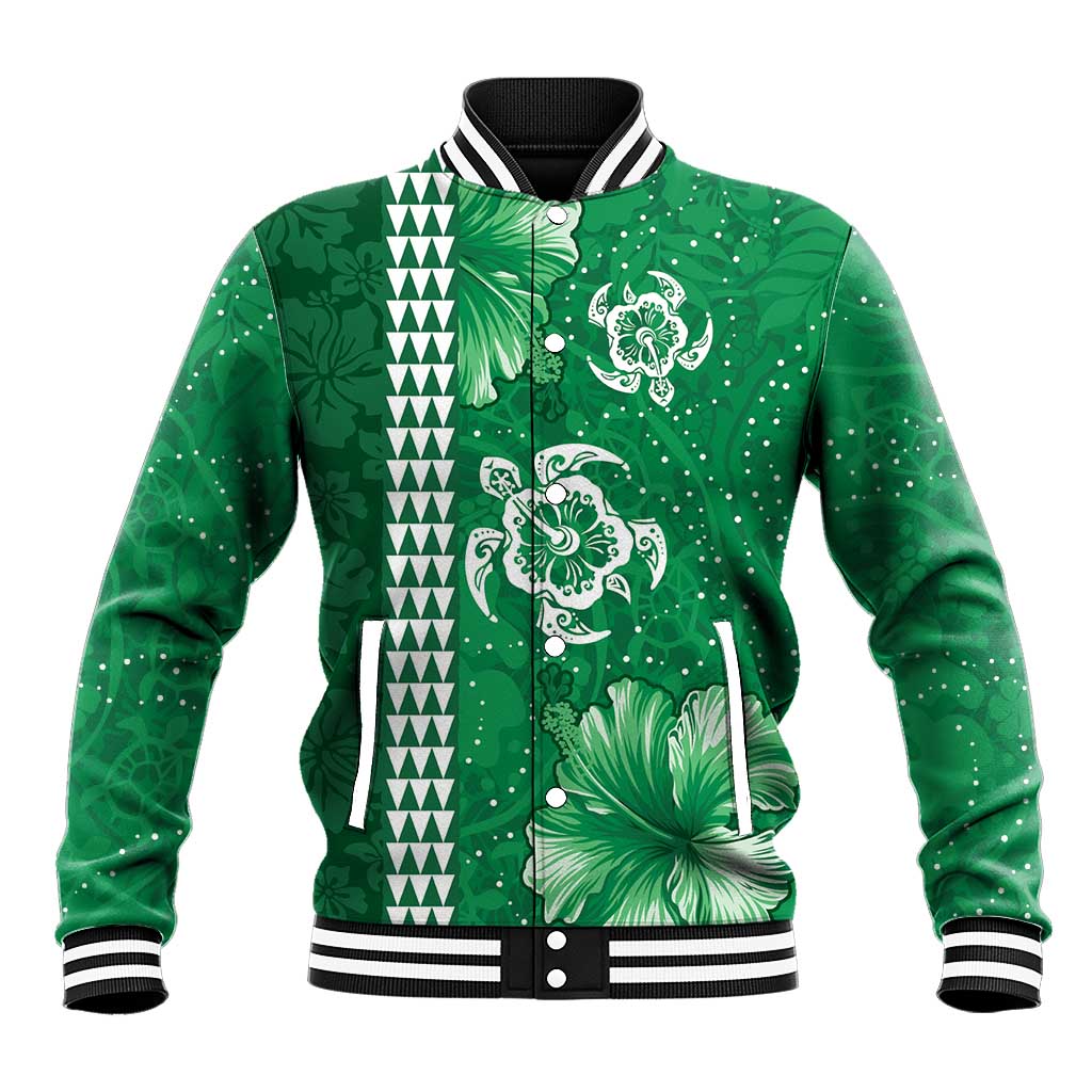 Green Hibiscus Turle Baseball Jacket Hawaiian Style Tribal Tapa Pattern LT9 Unisex Green - Polynesian Pride