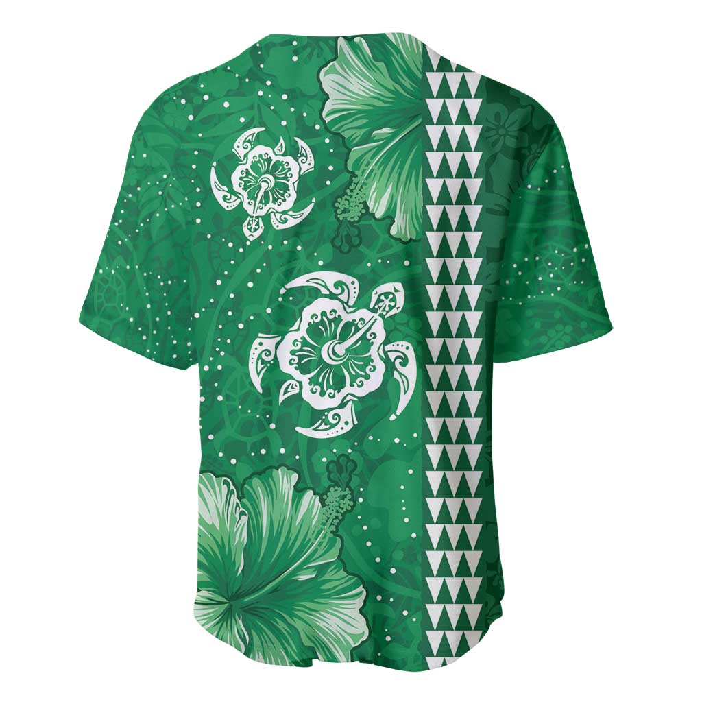 Green Hibiscus Turle Baseball Jersey Hawaiian Style Tribal Tapa Pattern