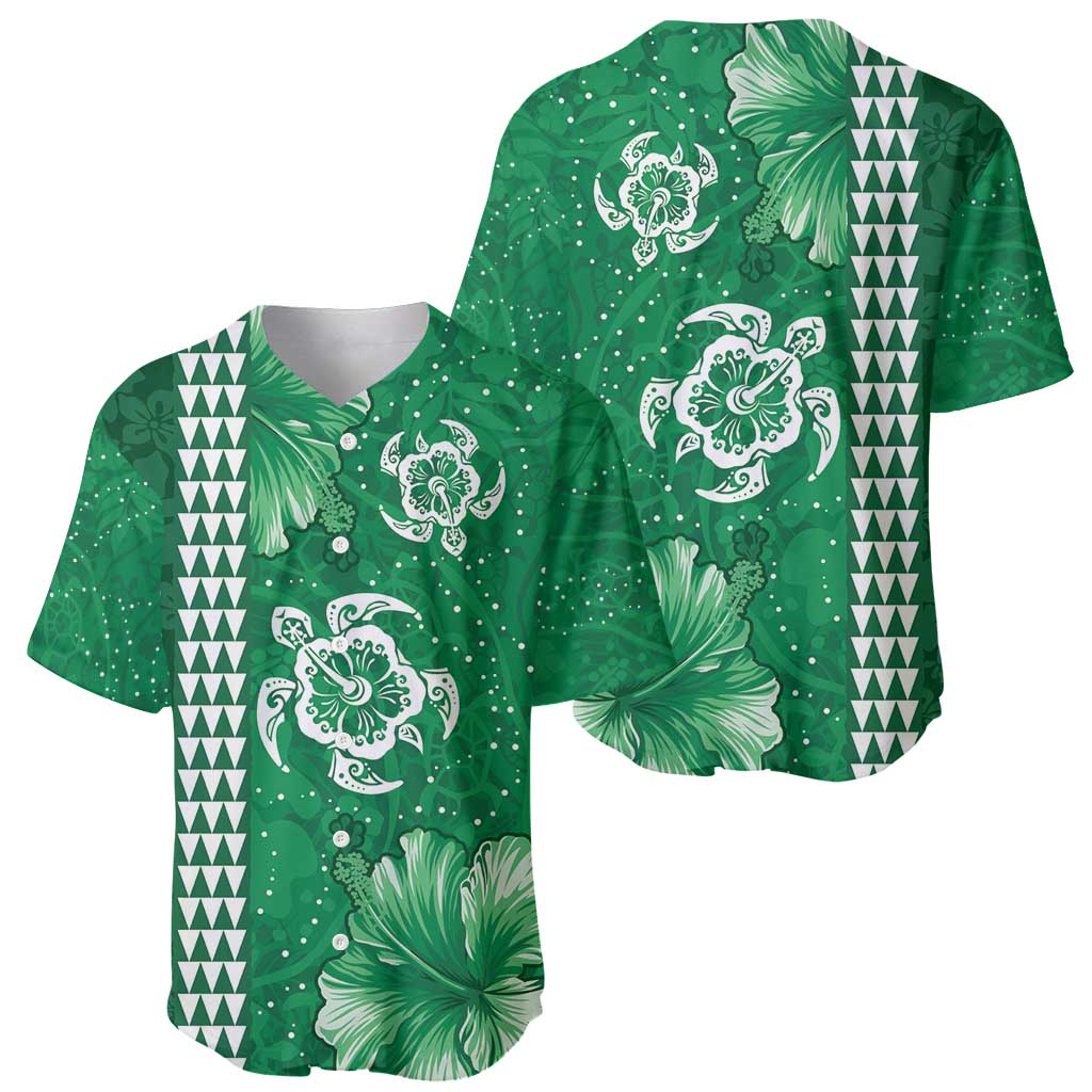 Green Hibiscus Turle Baseball Jersey Hawaiian Style Tribal Tapa Pattern