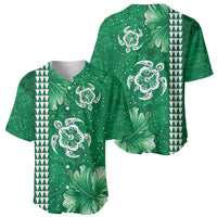 Green Hibiscus Turle Baseball Jersey Hawaiian Style Tribal Tapa Pattern