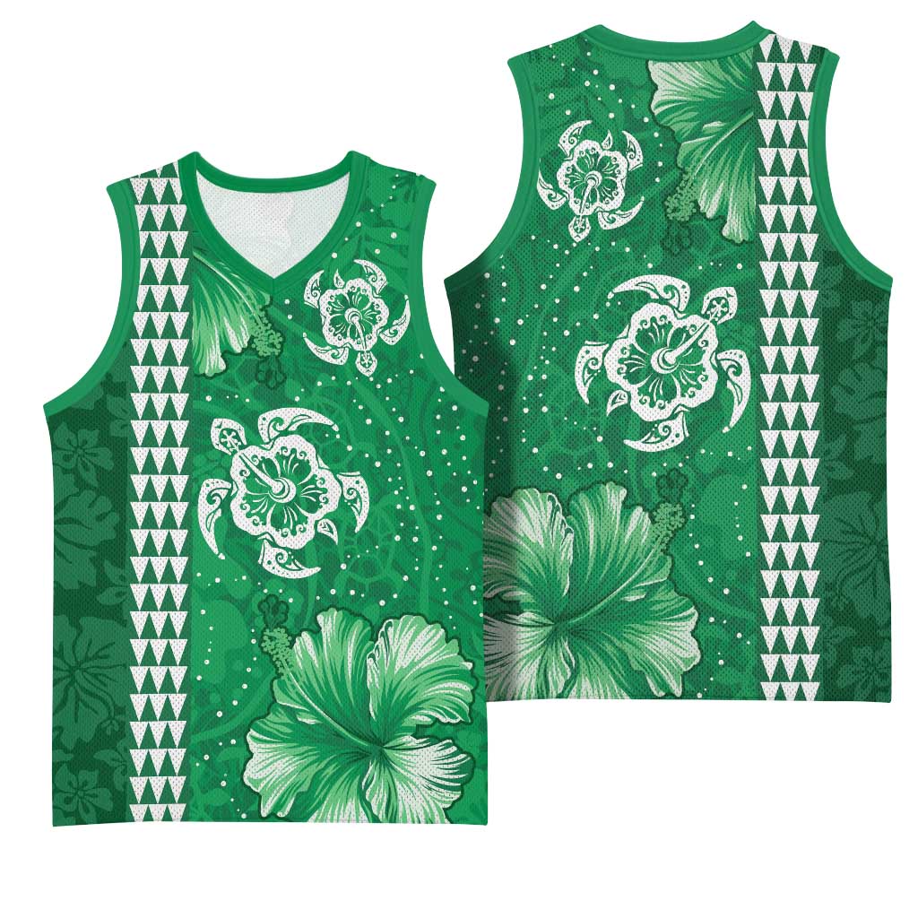 Green Hibiscus Turle Basketball Jersey Hawaiian Style Tribal Tapa Pattern - Polynesian Pride