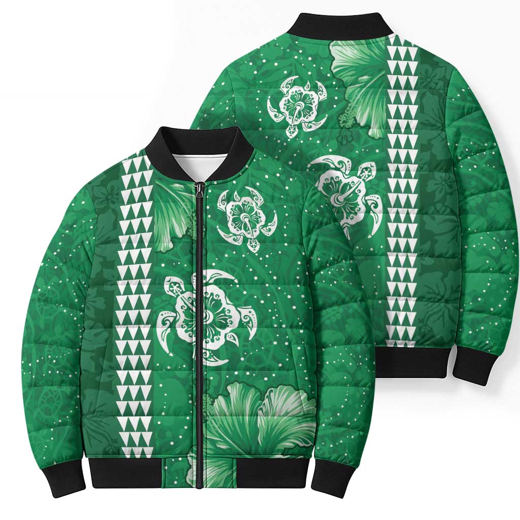 Green Hibiscus Turle Bomber Puffer Jacket Hawaiian Style Tribal Tapa Pattern - Polynesian Pride
