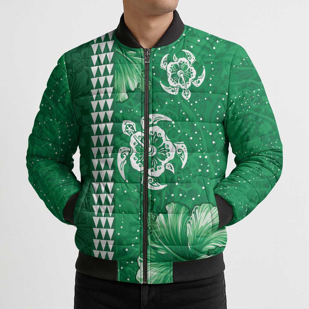 Green Hibiscus Turle Bomber Puffer Jacket Hawaiian Style Tribal Tapa Pattern - Polynesian Pride