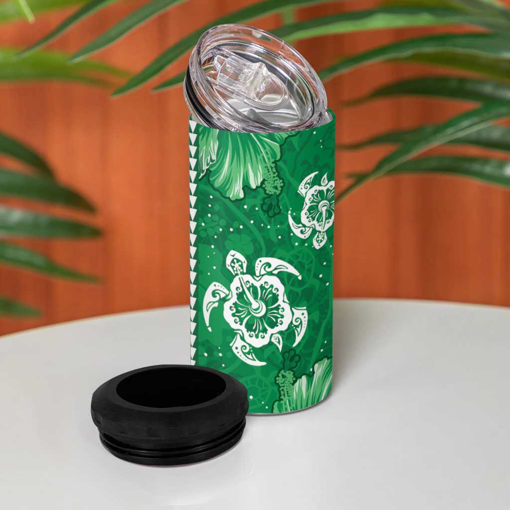 Green Hibiscus Turle 4 in 1 Can Cooler Tumbler Hawaiian Style Tribal Tapa Pattern