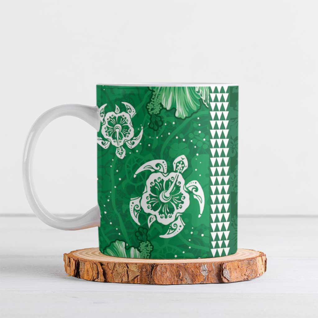 Green Hibiscus Turle Ceramic Mug Hawaiian Style Tribal Tapa Pattern - Polynesian Pride