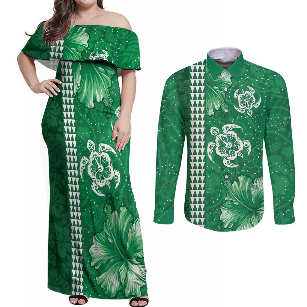 Green Hibiscus Turle Couples Matching Off Shoulder Maxi Dress and Long Sleeve Button Shirt Hawaiian Style Tribal Tapa Pattern LT9 Green - Polynesian Pride