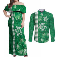 Green Hibiscus Turle Couples Matching Off Shoulder Maxi Dress and Long Sleeve Button Shirt Hawaiian Style Tribal Tapa Pattern LT9 Green - Polynesian Pride