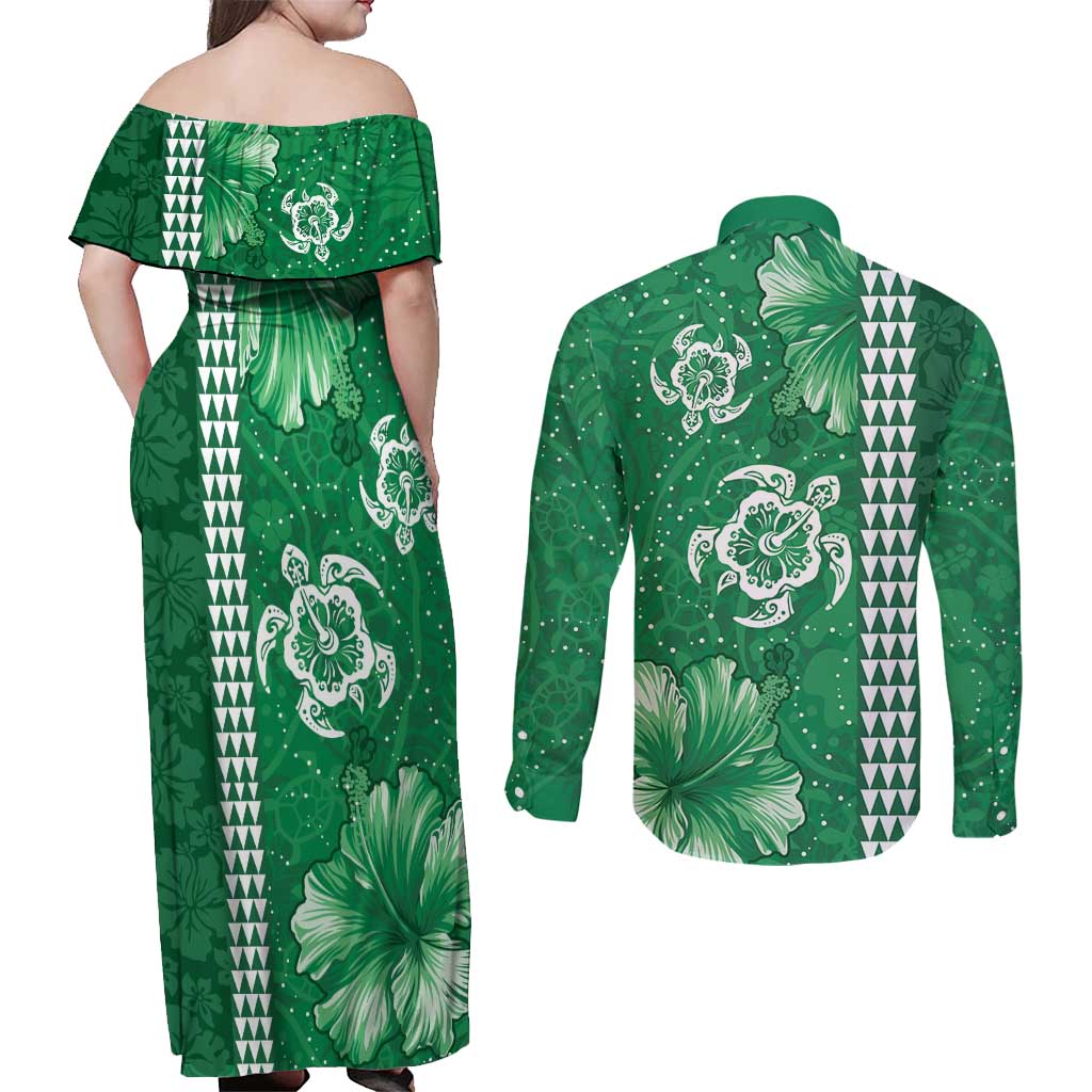 Green Hibiscus Turle Couples Matching Off Shoulder Maxi Dress and Long Sleeve Button Shirt Hawaiian Style Tribal Tapa Pattern LT9 - Polynesian Pride