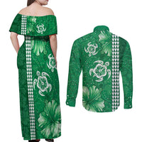 Green Hibiscus Turle Couples Matching Off Shoulder Maxi Dress and Long Sleeve Button Shirt Hawaiian Style Tribal Tapa Pattern LT9 - Polynesian Pride