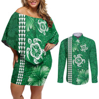 Green Hibiscus Turle Couples Matching Off Shoulder Short Dress and Long Sleeve Button Shirt Hawaiian Style Tribal Tapa Pattern LT9 Green - Polynesian Pride