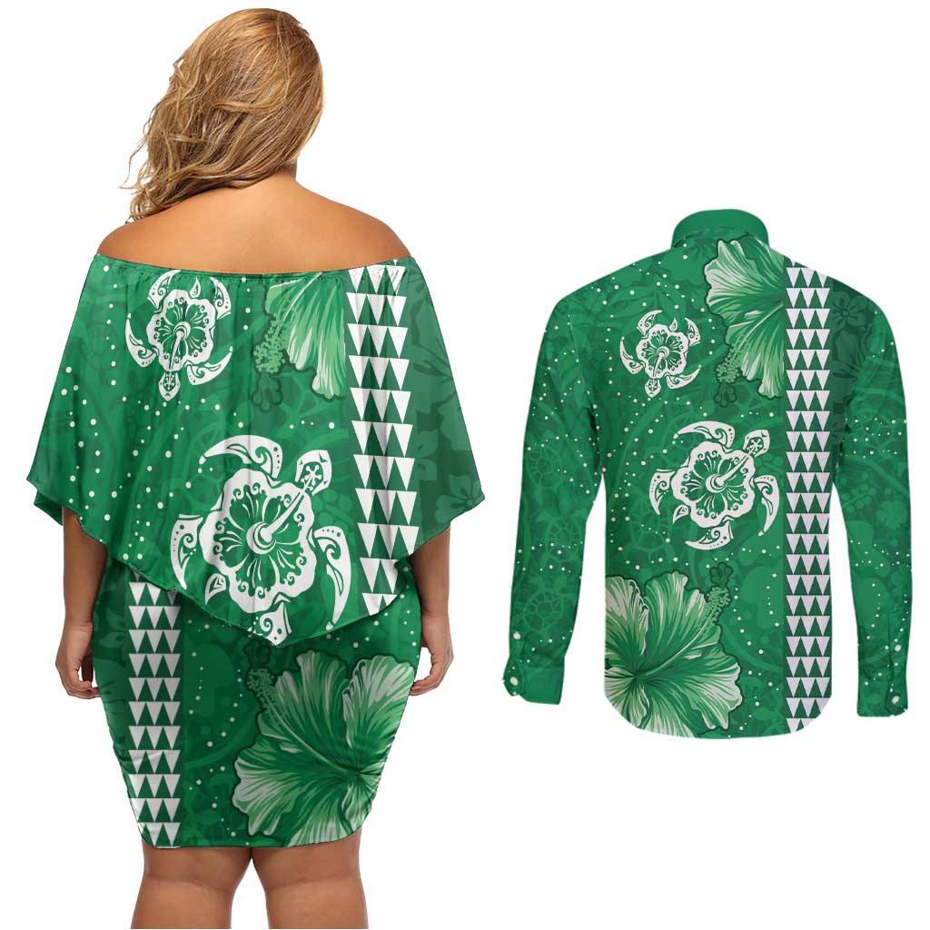 Green Hibiscus Turle Couples Matching Off Shoulder Short Dress and Long Sleeve Button Shirt Hawaiian Style Tribal Tapa Pattern LT9 - Polynesian Pride