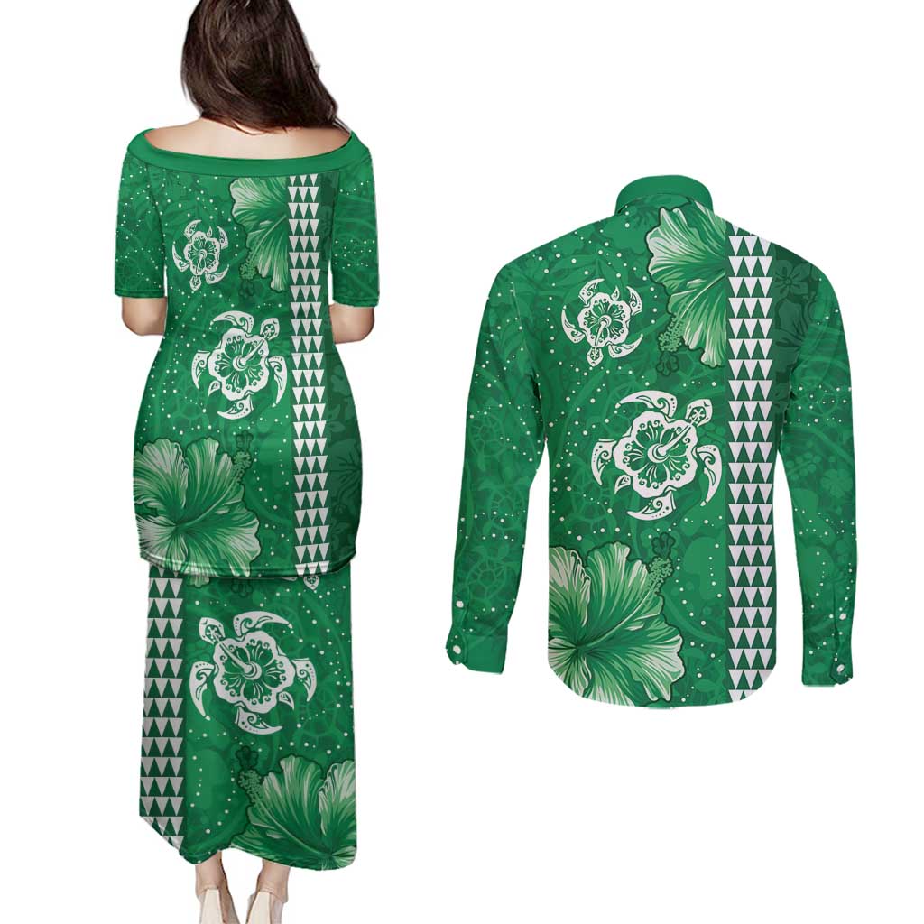 Green Hibiscus Turle Couples Matching Puletasi and Long Sleeve Button Shirt Hawaiian Style Tribal Tapa Pattern LT9 - Polynesian Pride
