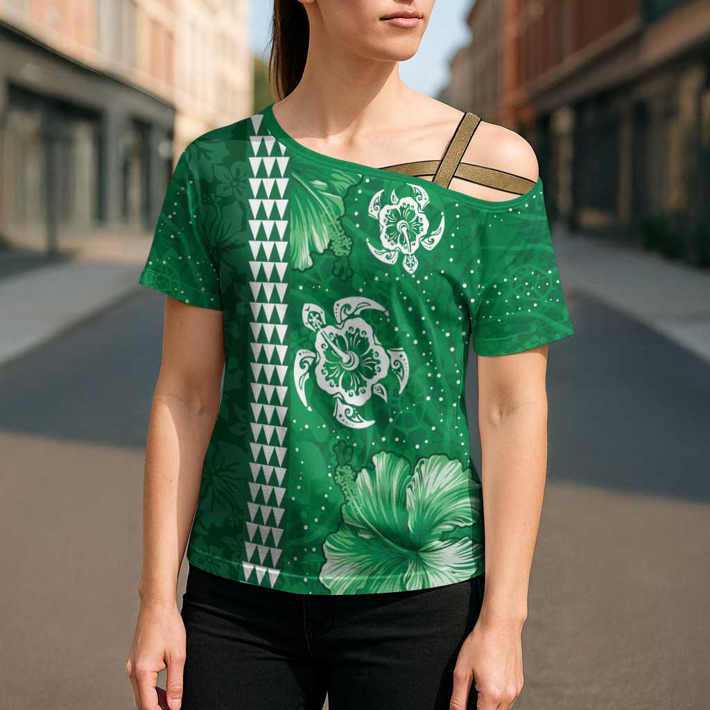 Green Hibiscus Turle Cross Shoulder Shirt Hawaiian Style Tribal Tapa Pattern - Polynesian Pride