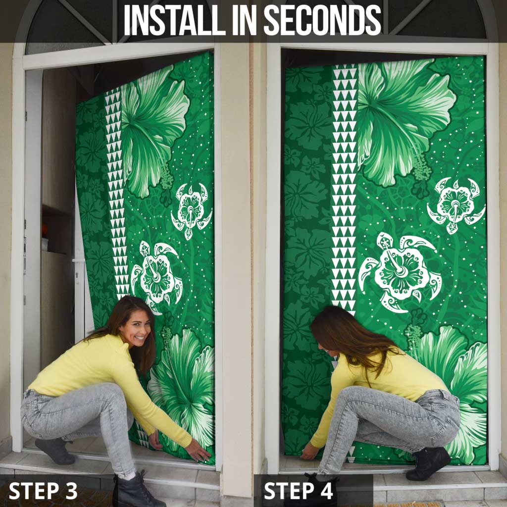 Green Hibiscus Turle Door Cover Hawaiian Style Tribal Tapa Pattern - Polynesian Pride