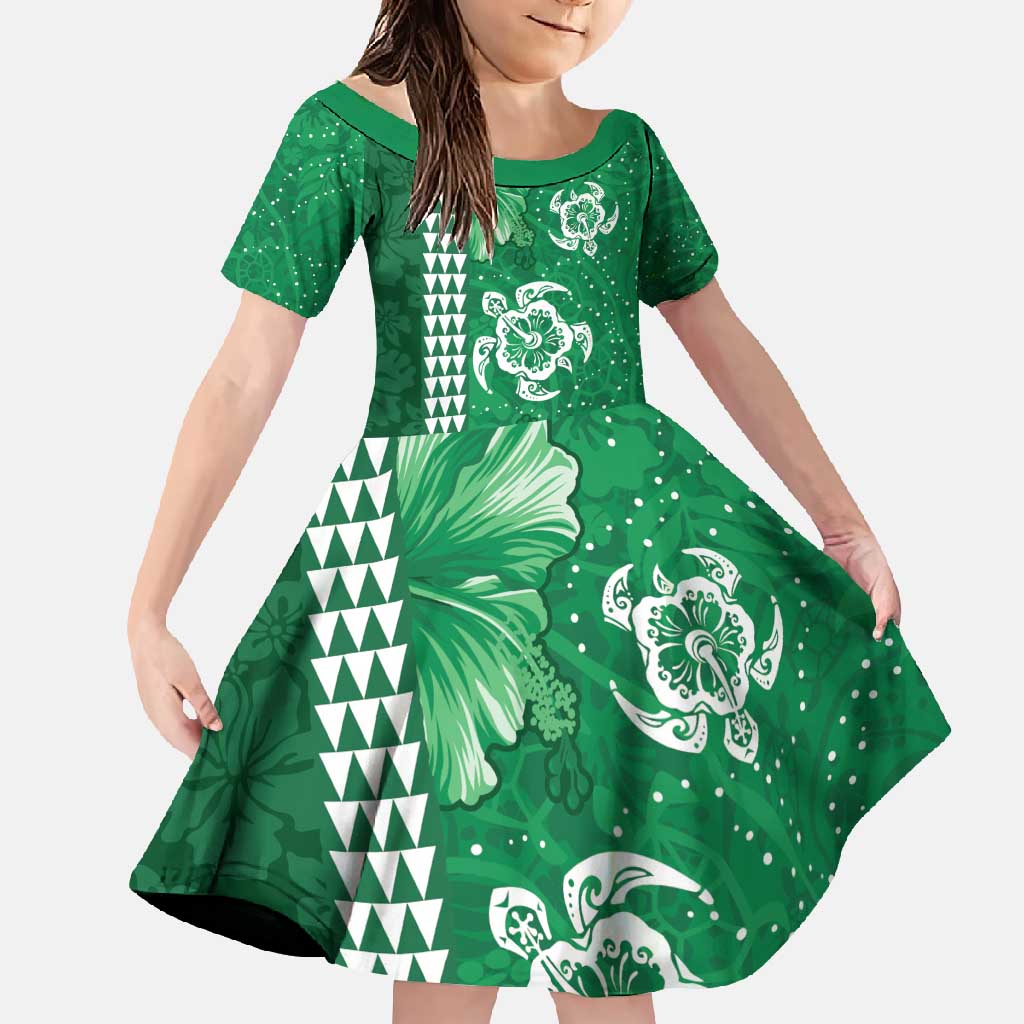Green Hibiscus Turle Family Matching Long Sleeve Bodycon Dress and Hawaiian Shirt Hawaiian Style Tribal Tapa Pattern
