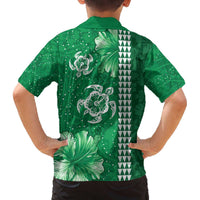 Green Hibiscus Turle Family Matching Off The Shoulder Long Sleeve Dress and Hawaiian Shirt Hawaiian Style Tribal Tapa Pattern