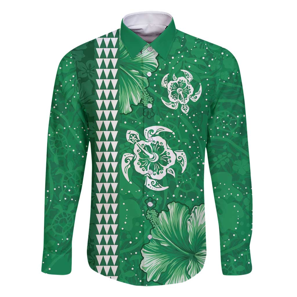Green Hibiscus Turle Family Matching Summer Maxi Dress and Hawaiian Shirt Hawaiian Style Tribal Tapa Pattern