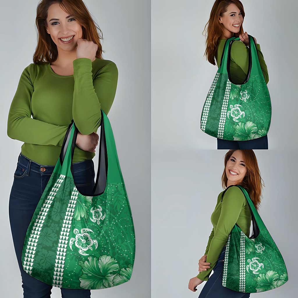 Green Hibiscus Turle Grocery Bag Hawaiian Style Tribal Tapa Pattern LT9 - Polynesian Pride